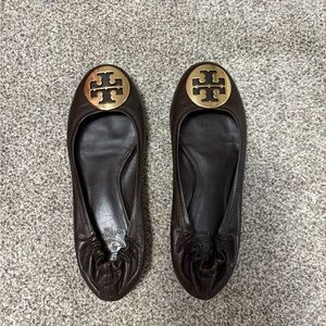 Tory Burch Dark Brown Leather Flats with Gold Logo